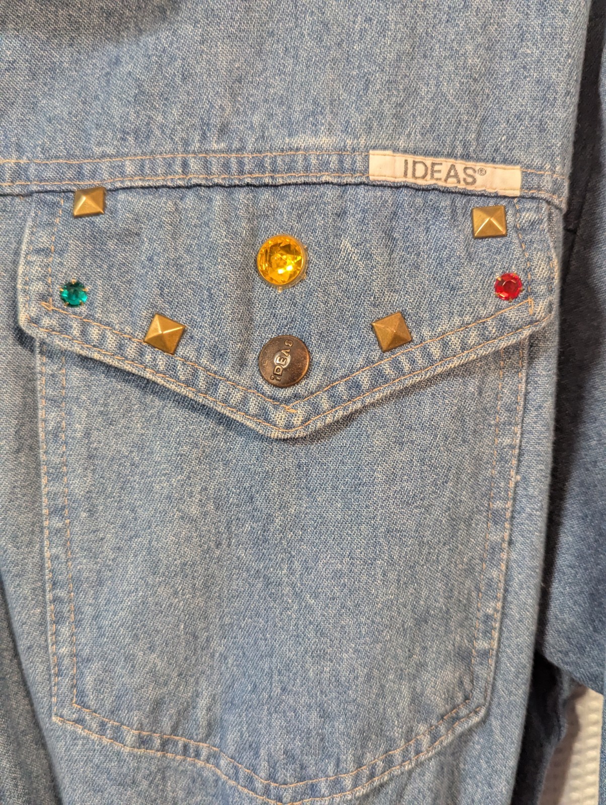 Vintage Ideas Bling Embellished Denim Dress Button Up Pockets 80s 90s Size XL