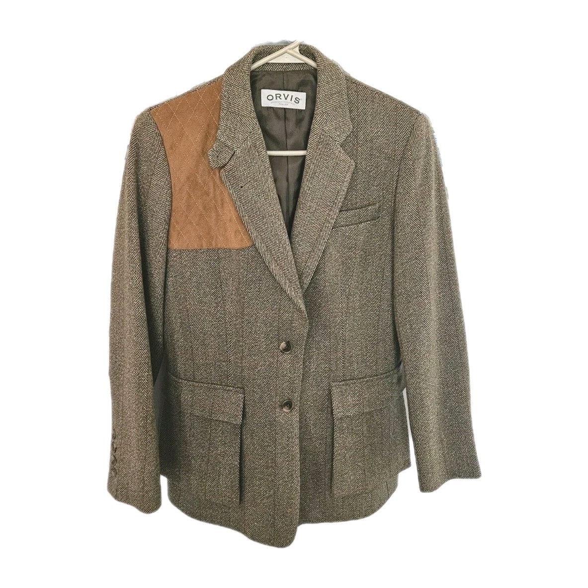 Vintage Orvis Women’s Herringbone Shooting Jacket Wool Tweed Suede Patches EUC 6