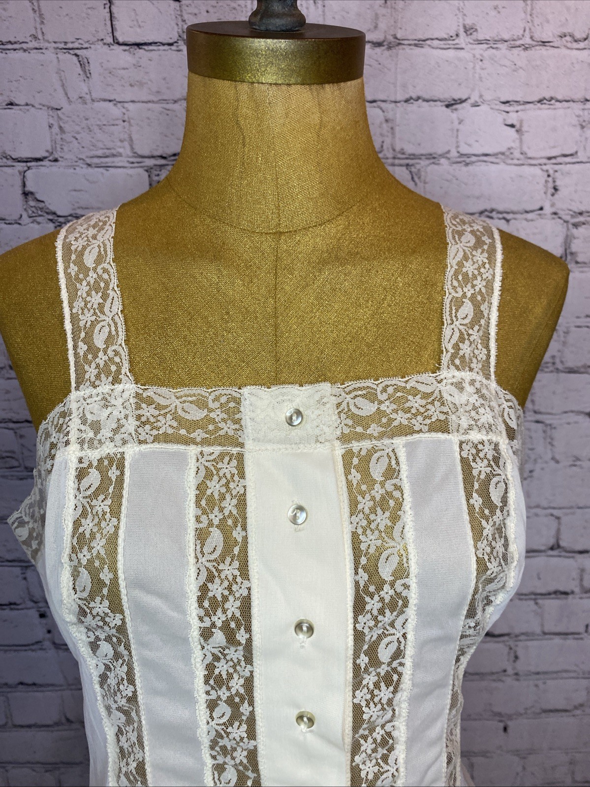 Vtg Nylon Corset Style Ivory Nylon Lace Button Front Lingerie Tank Top