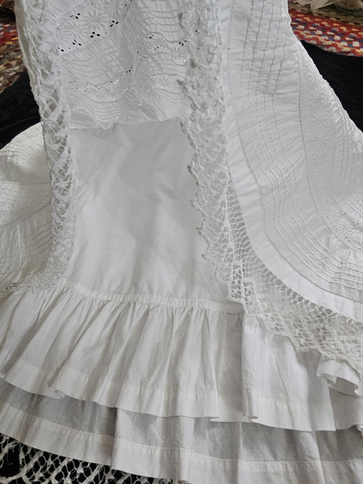 Antique Edwardian Victorian 1900s White Cotton Eyelet Lace Petticoat Altered