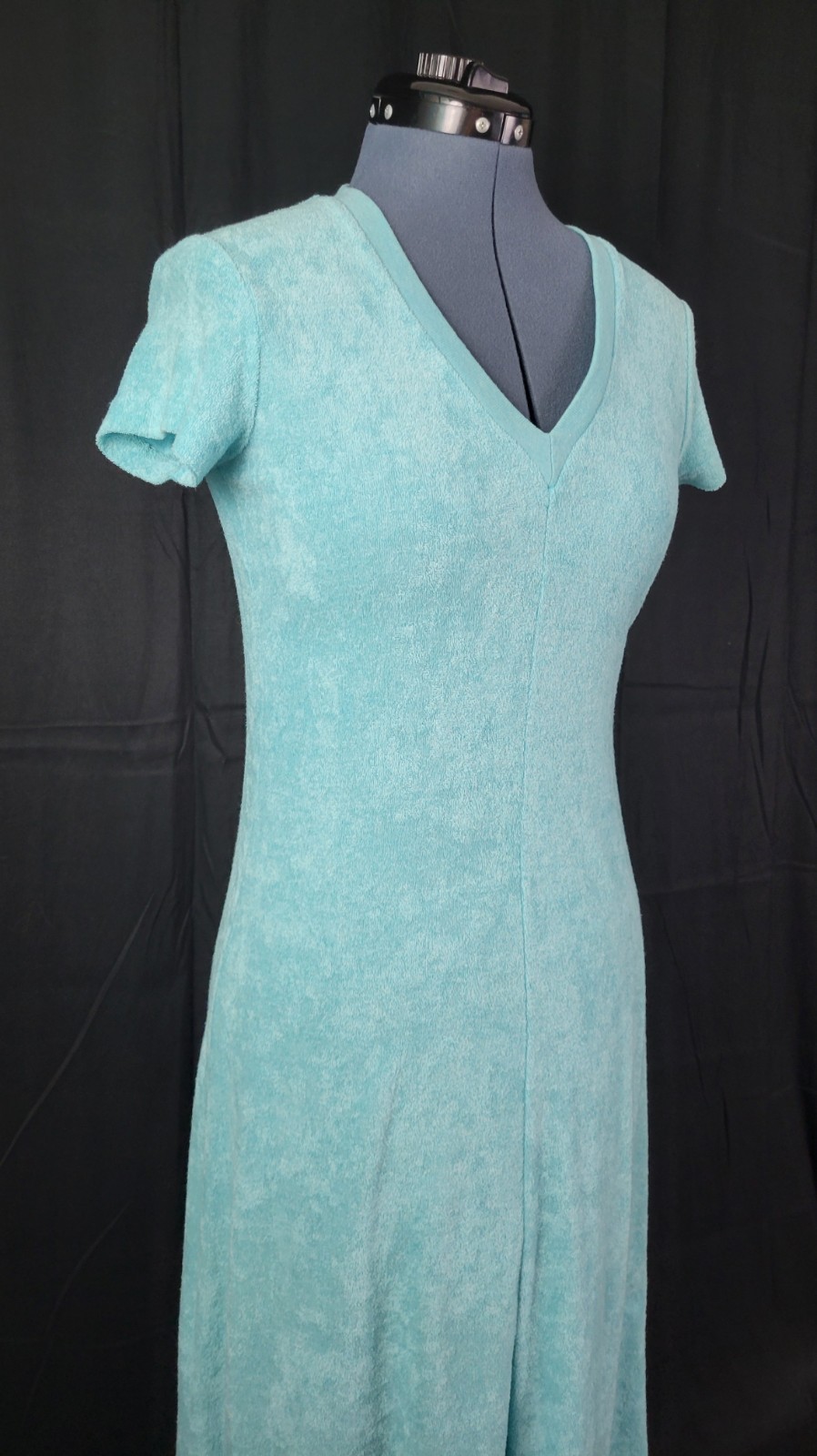 Vintage Turquoise Blue Terry Cloth S/S Dress/Cover-Up w V-Neck Size 32 (XS)