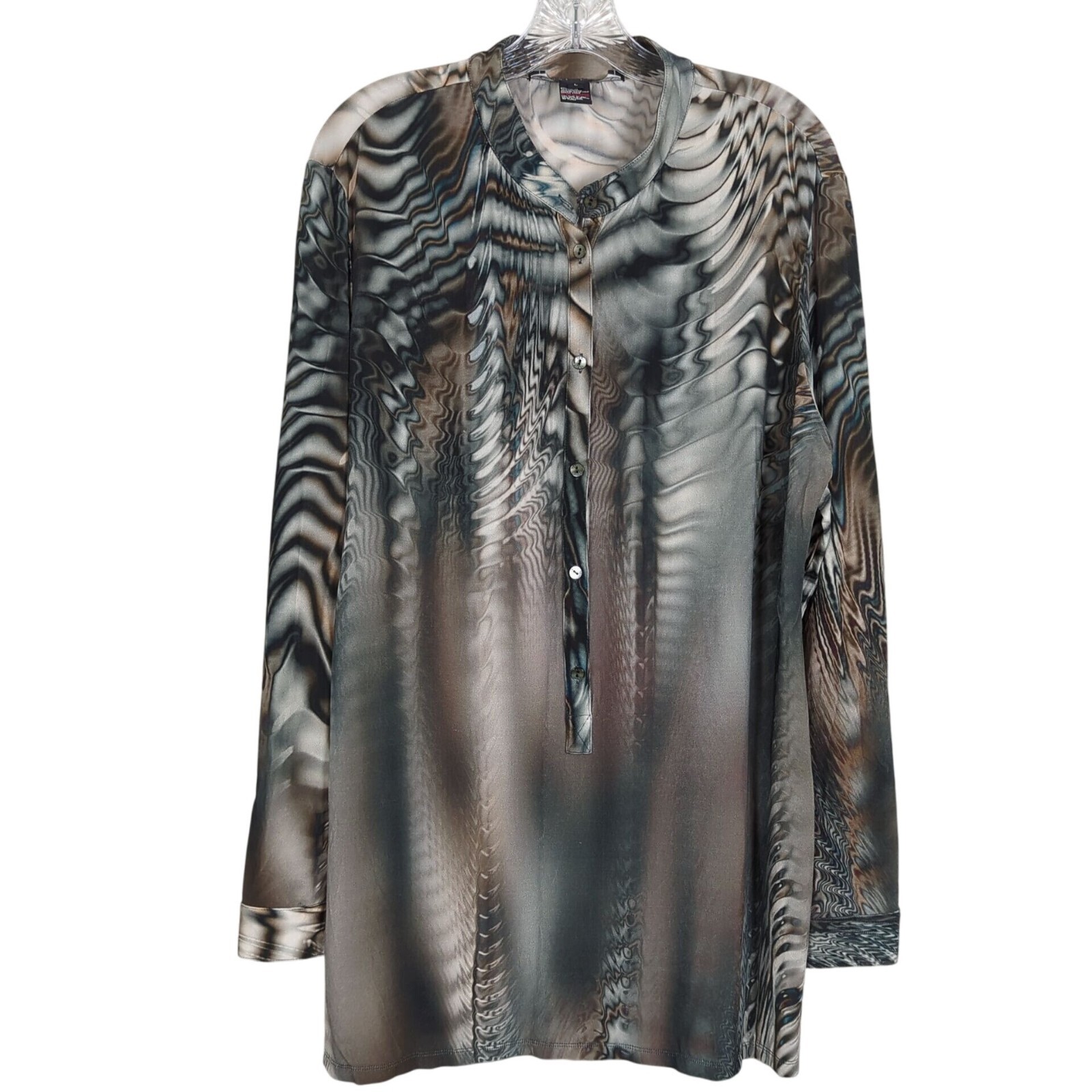 Yansi Fugel Vintage Tunic Abstract Print gray tan Long-Sleeve half Button-Up L