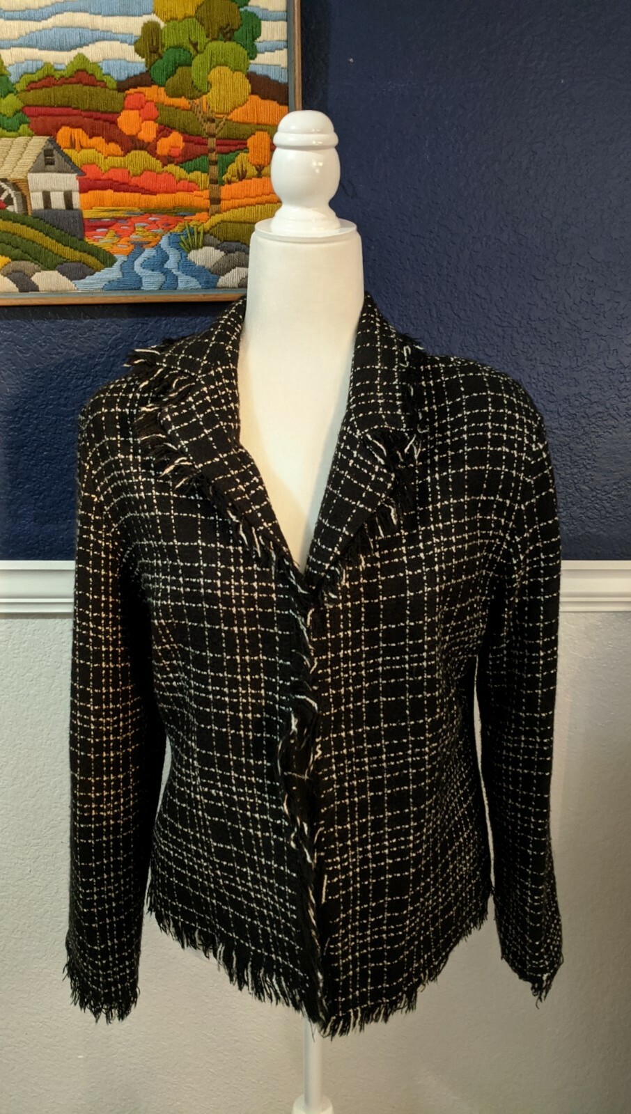 VTG Jonathan Logan Women’s Jacket Zip Lined Black White Knit Plaid Sz 8 Medium M