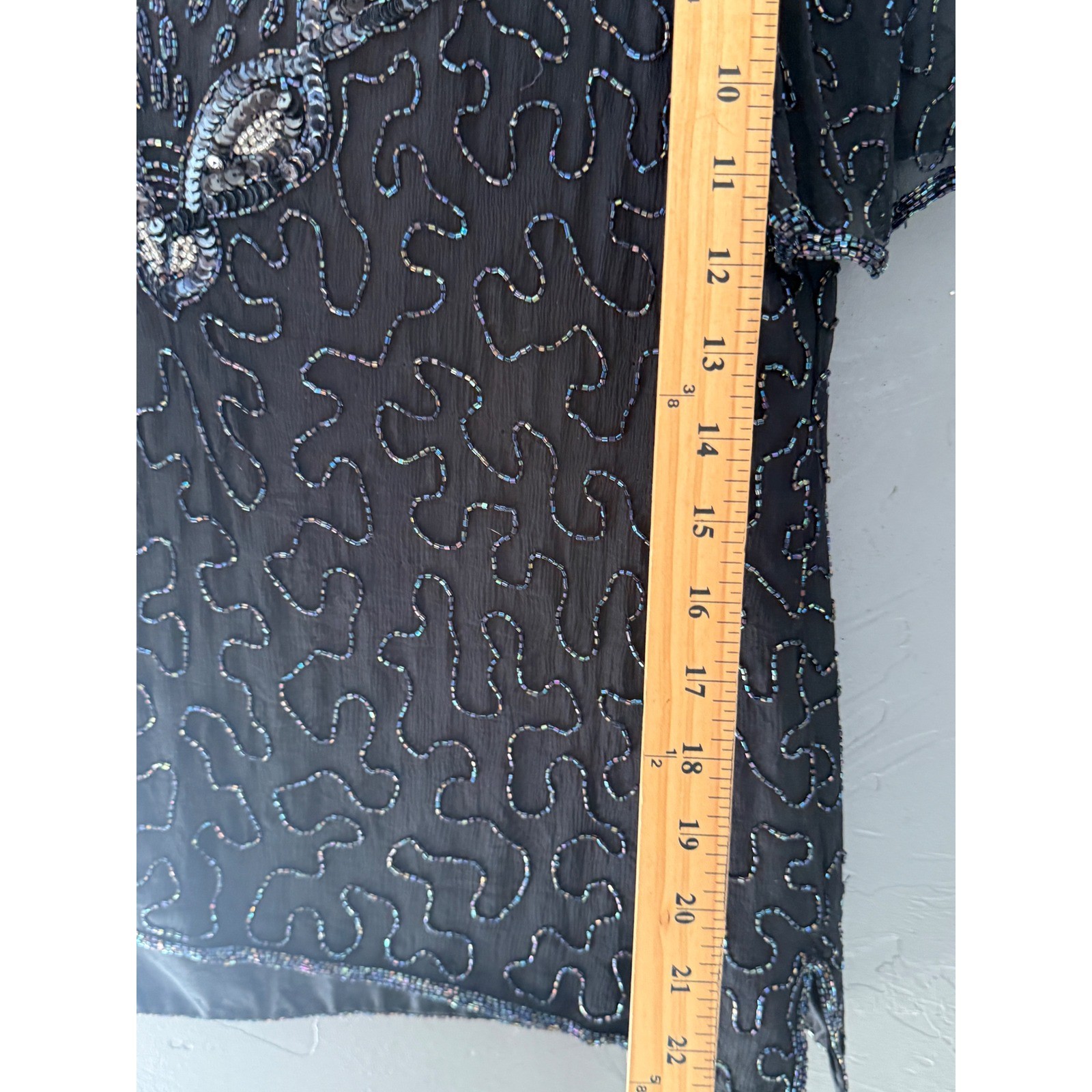 Sweelo Vintage Black Silk Beaded Sequin Floral Evening Top Short Sleeve Medium