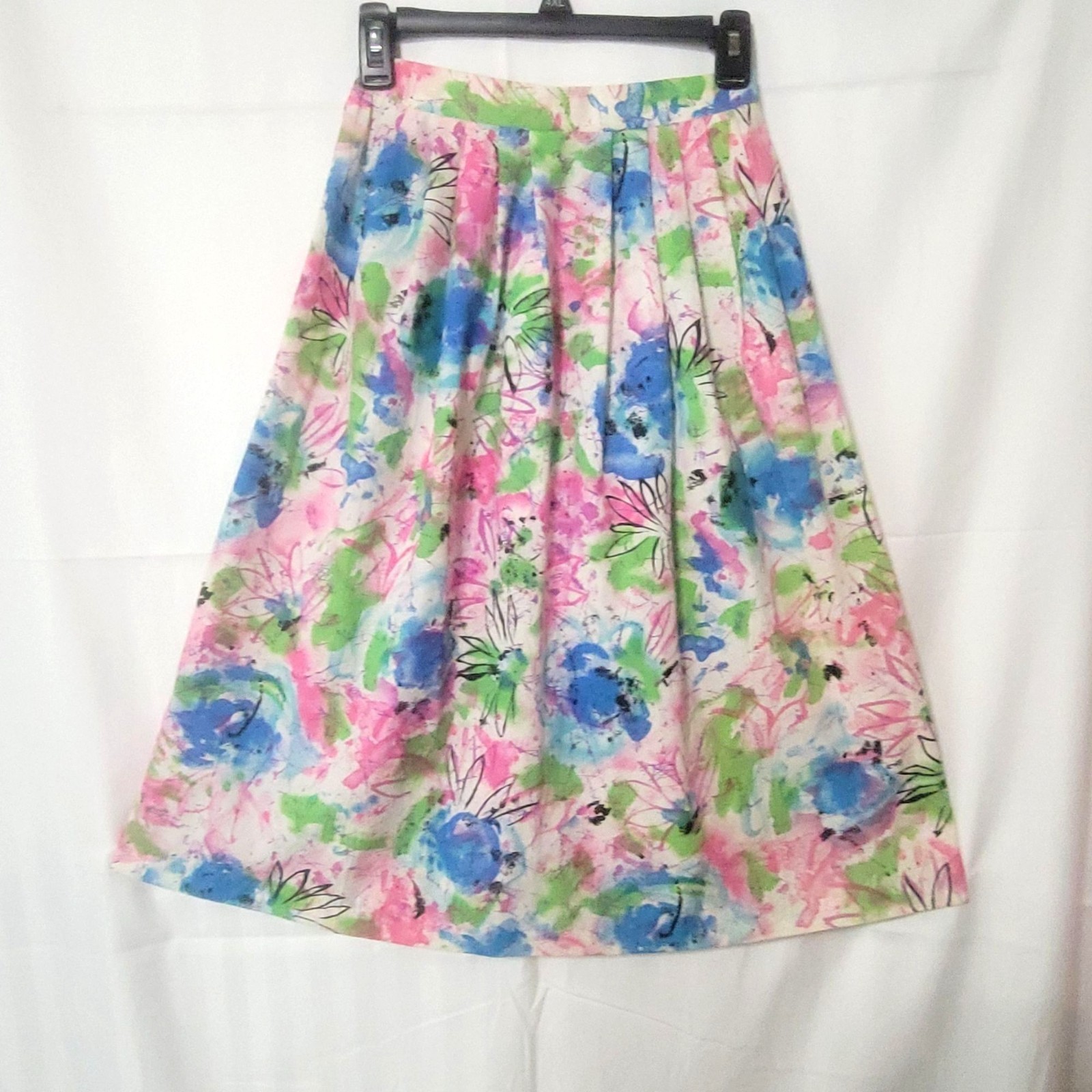 Vtg 80s Pleated Watercolor Floral Skirt Cottagecore Pink Blue Green Art-To-Wear
