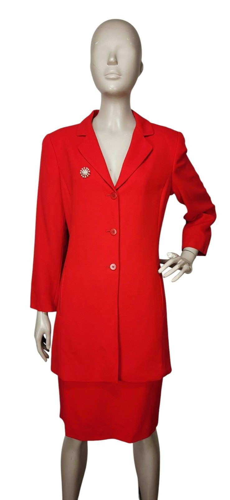 VTG 80s Linda Allard Ellen Tracy 100% Wool Long Blazer & Pencil Skirt Set Brooch