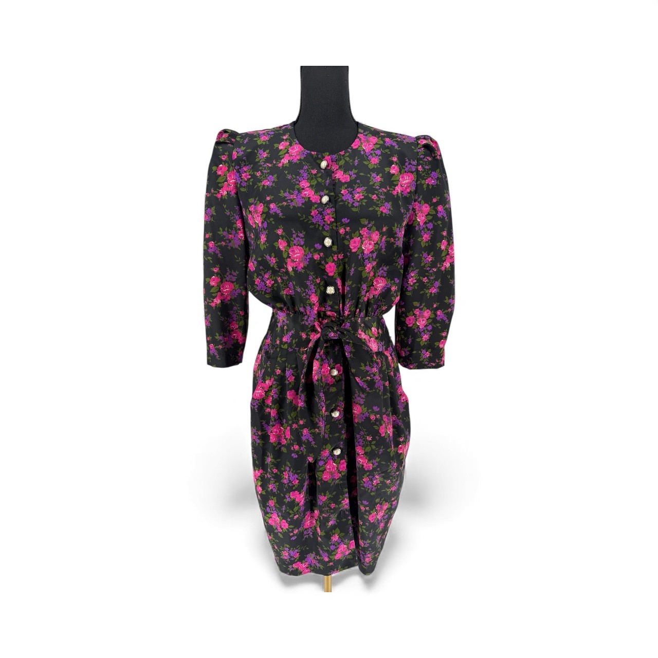 Vtg Petite Jazz Dress Size Med Faux Pearl Buttons Floral Secretary 80’s Glam
