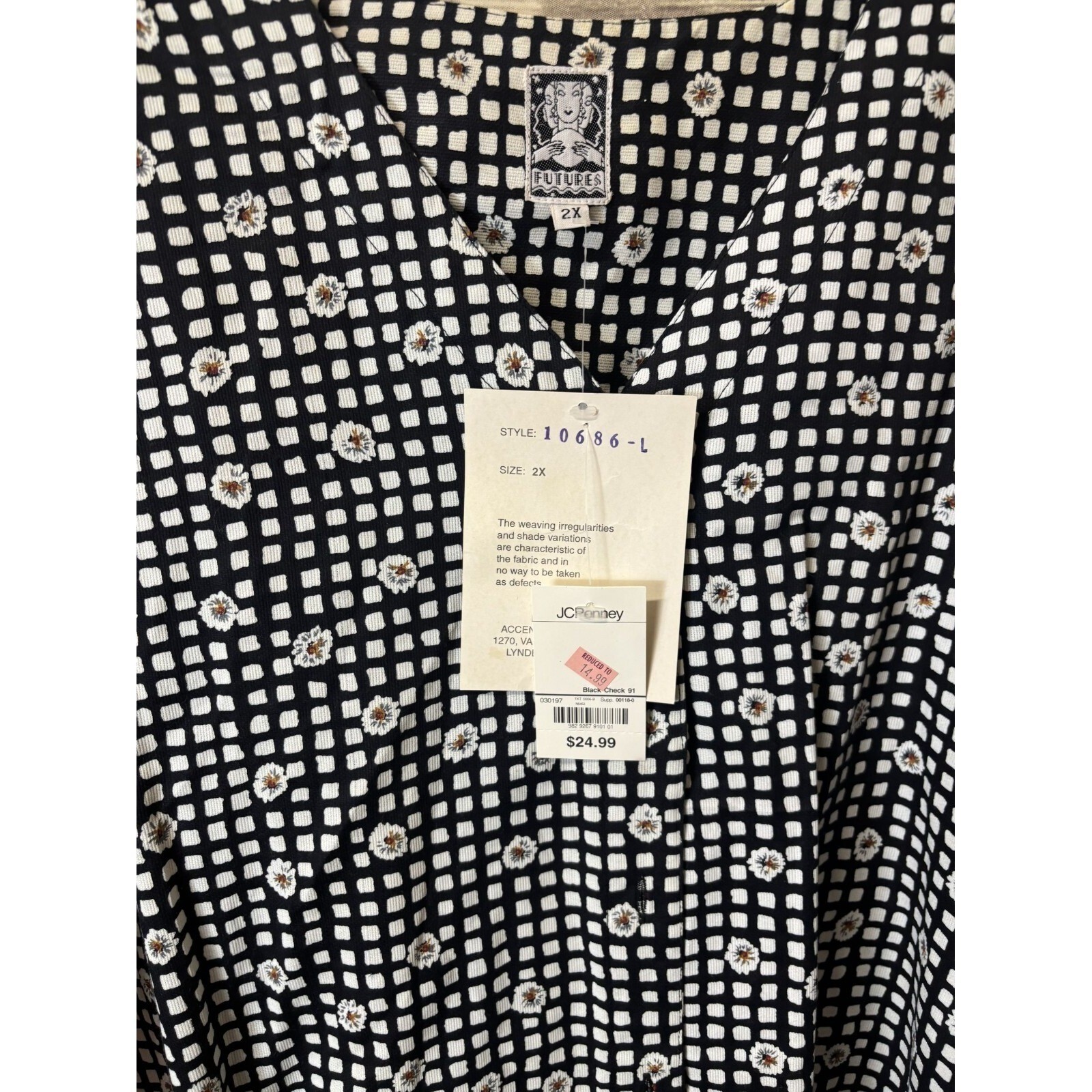 Vintage Futures Black White Floral Print Top 2X Button Front NWT Coastal Grandma