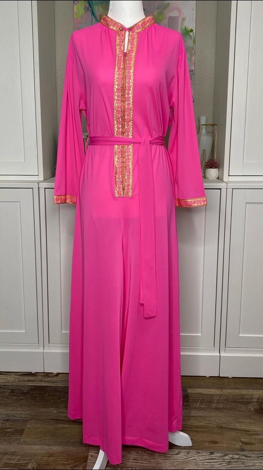 Vintage Lorraine Jumpsuit 1960s Hot Pink Hollywood Regency Nylon Large Palazzo