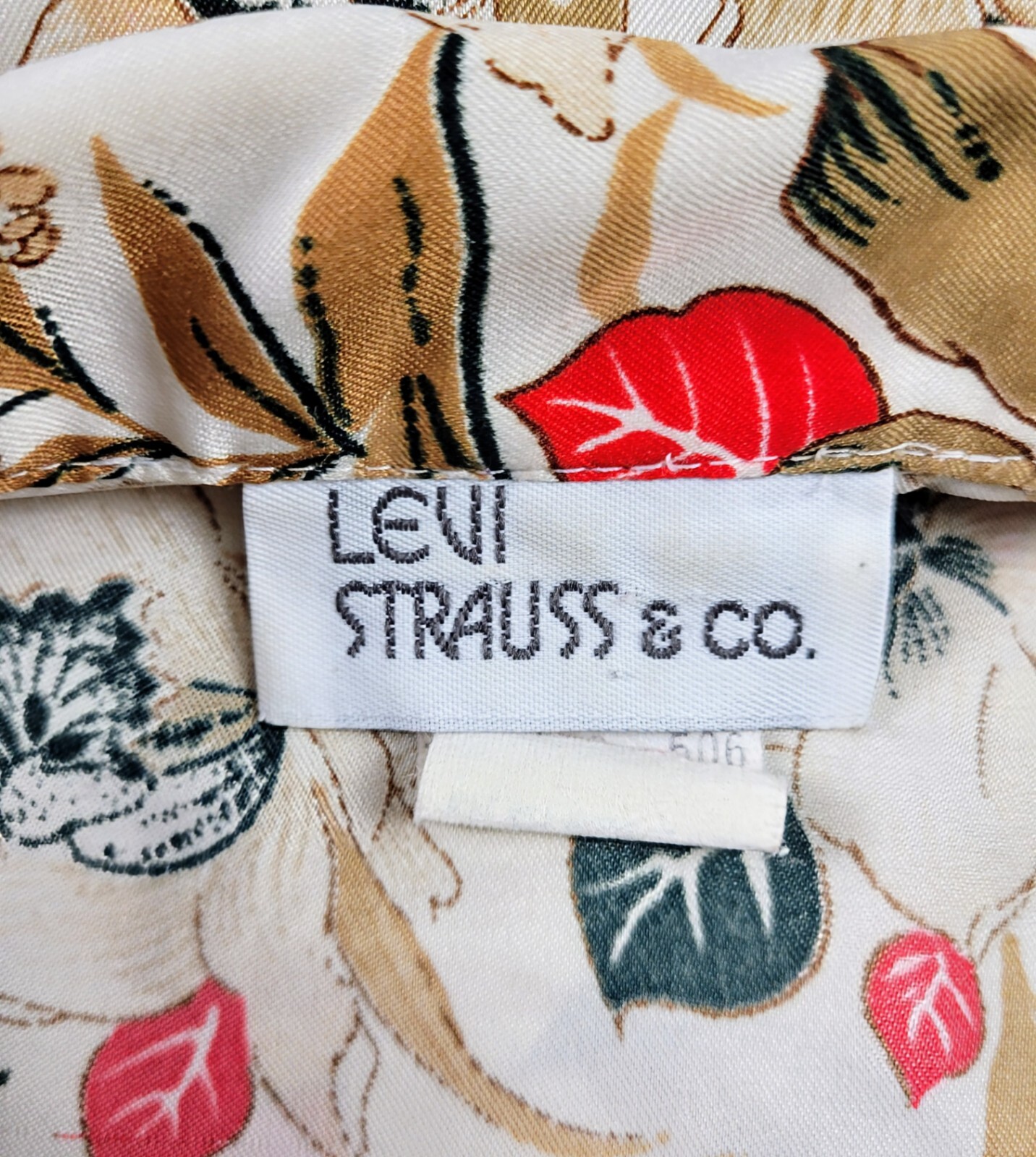 Vintage Levi Strauss Cream Blouse w Tan/Black/Red Florals Size 6