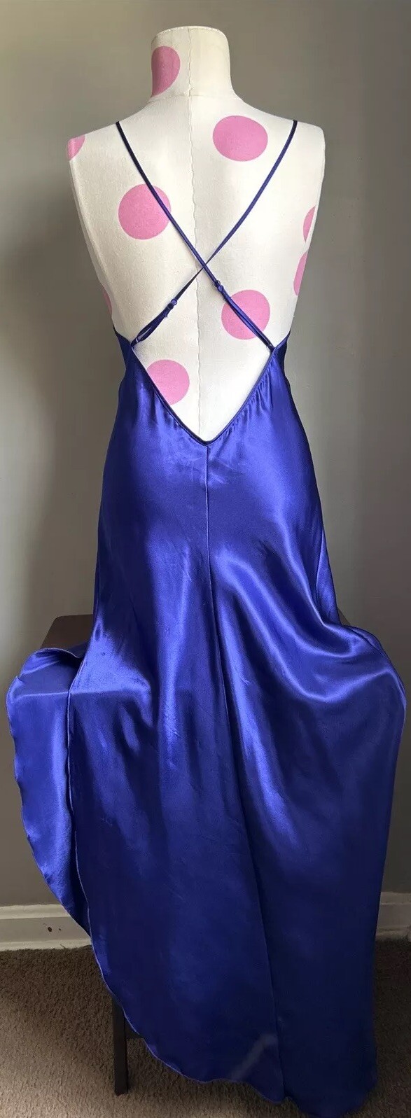 Vtg Lady Cameo Dallas Slippery Satin Glossy Blue Slip dress Nightie L Slit Bow