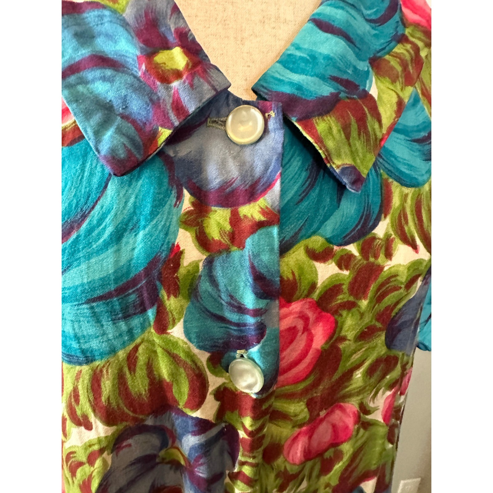 Rhapsody Glazier Vintage Retro 70s Housecoat Dress M/L Floral Pearl Button Robe