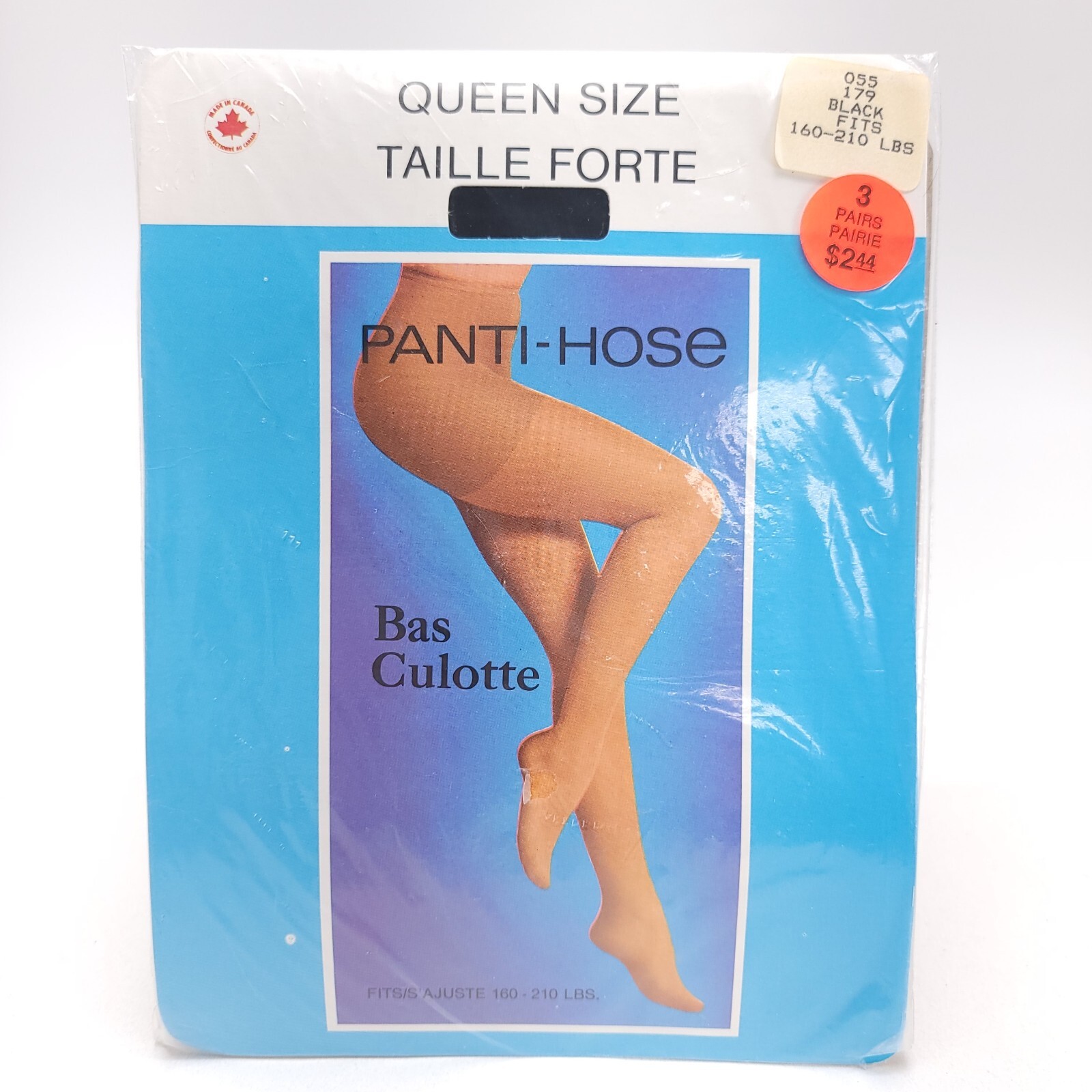 NOS Vintage Bas Culotte Black Pantihose Queen Size One Pair NEW Canada