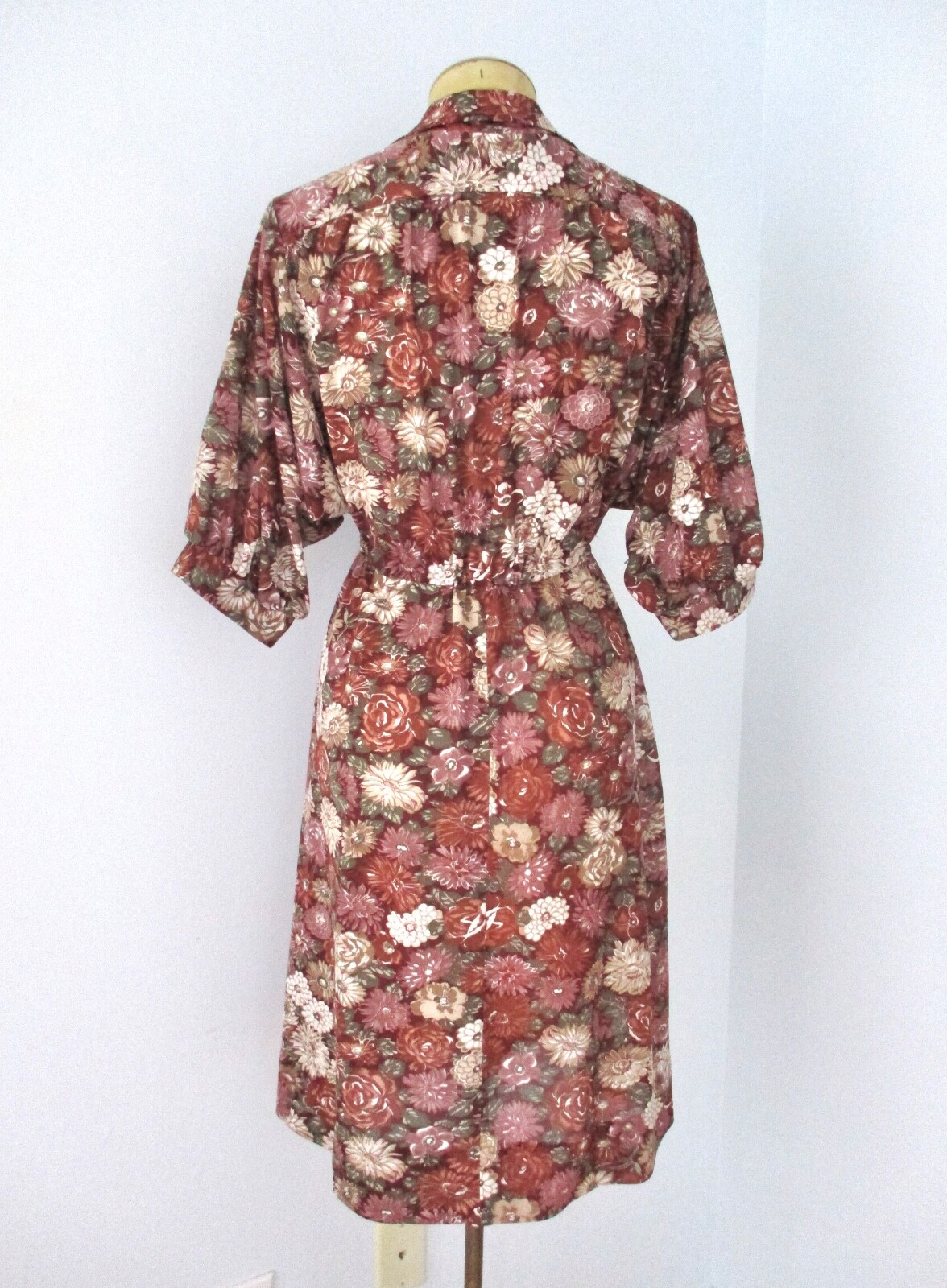 Vtg 70s Autumn Floral Poly Chiffon Dress Empire Drawstring Waist Dolman Slvs M/L