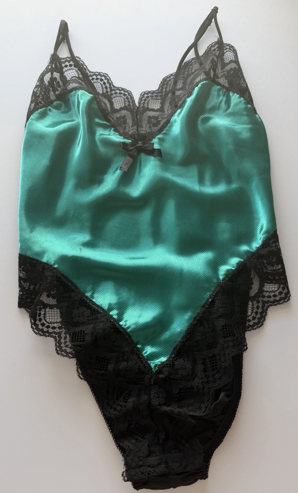 Vintage Lady Cameo Dallas Satin Lace Teddy Bodysuit Green Black USA M Medium