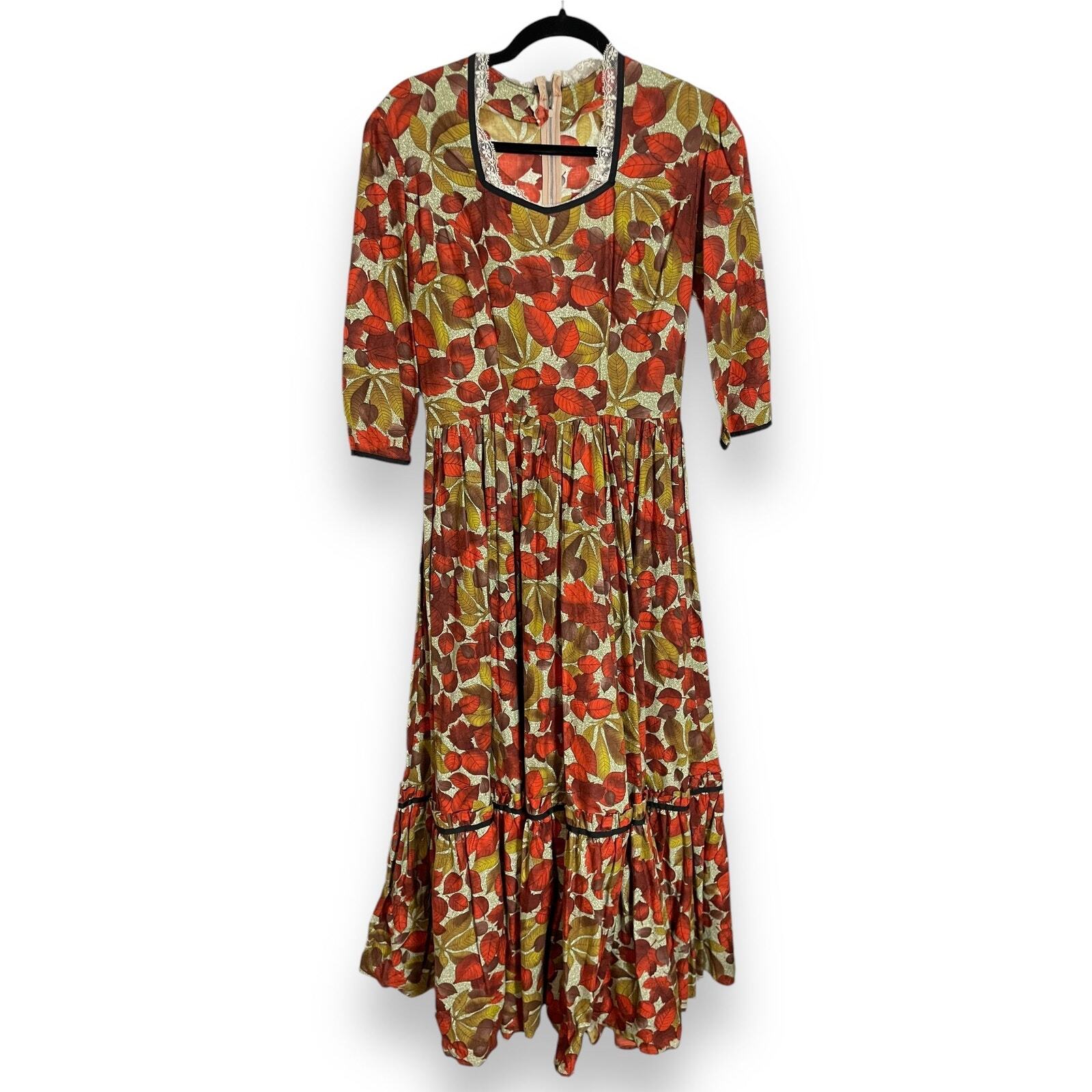 Vintage 60s 70s Handmade Fall Leaves Cotton Full Sweep Dress Prairie Cottagecore