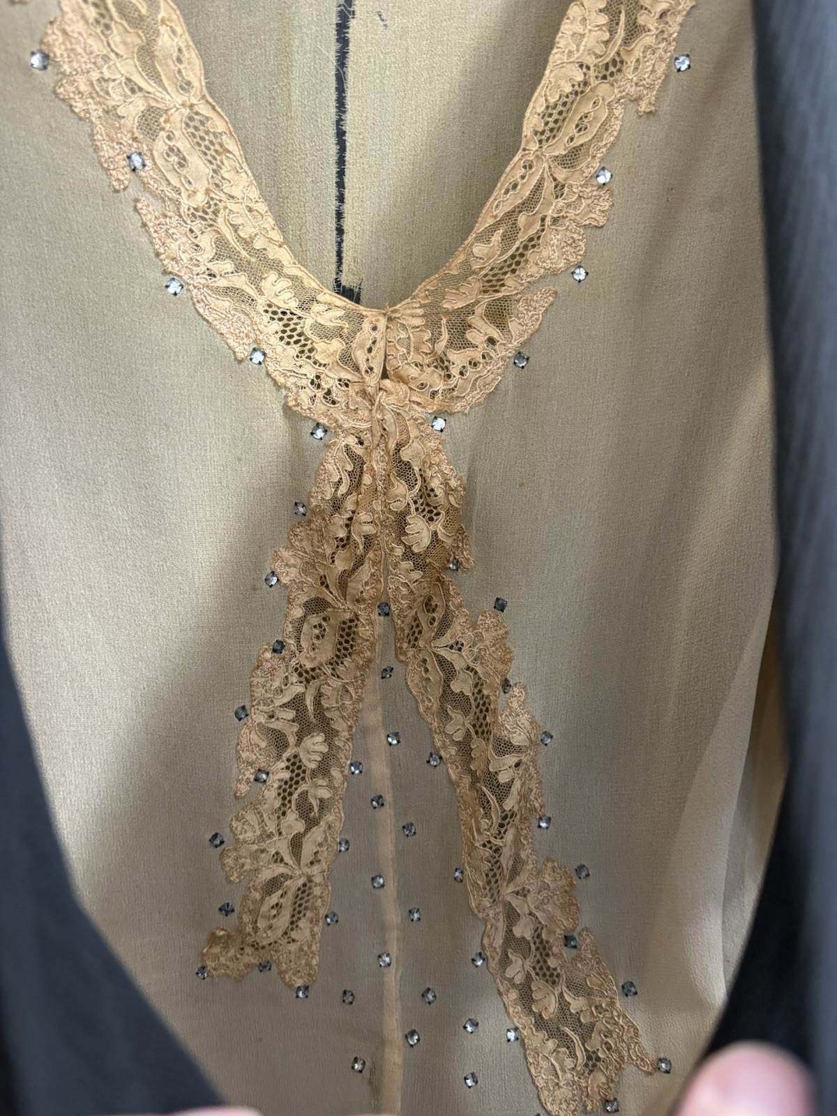 Black Ivory Lace Silk Mesh Sheer Beaded Late 1920s Flapper Dress Antique FLAWS