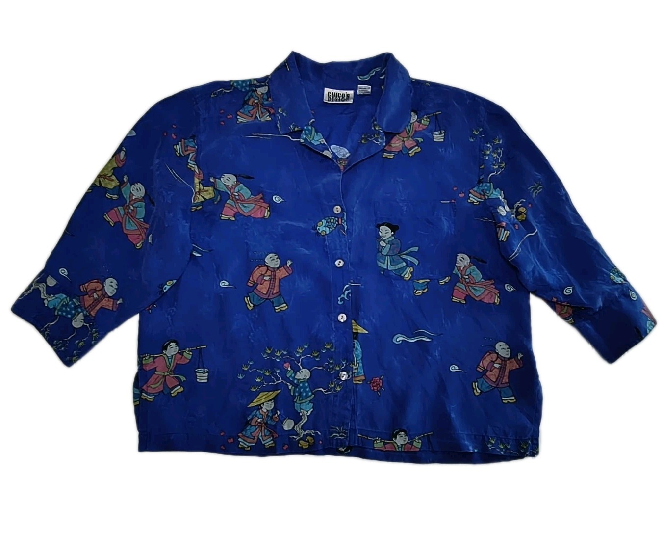 Vintage 80s 90s Chico’s Design Asian 100% Silk Blouse Royal Blue Size L