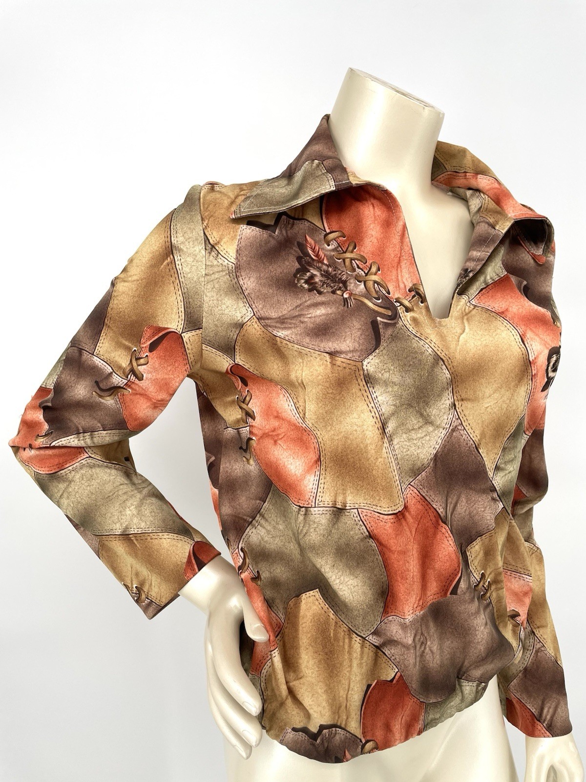 Vintage 1970s Whipstitch Leather Patchwork Feather Print Hippie Blouse Top Shirt