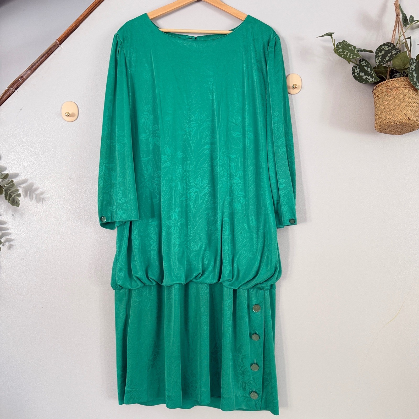 Jenny Vtg Dress Emerald Green Jewel Regency Floral Jacquard Drop Waist Blouson