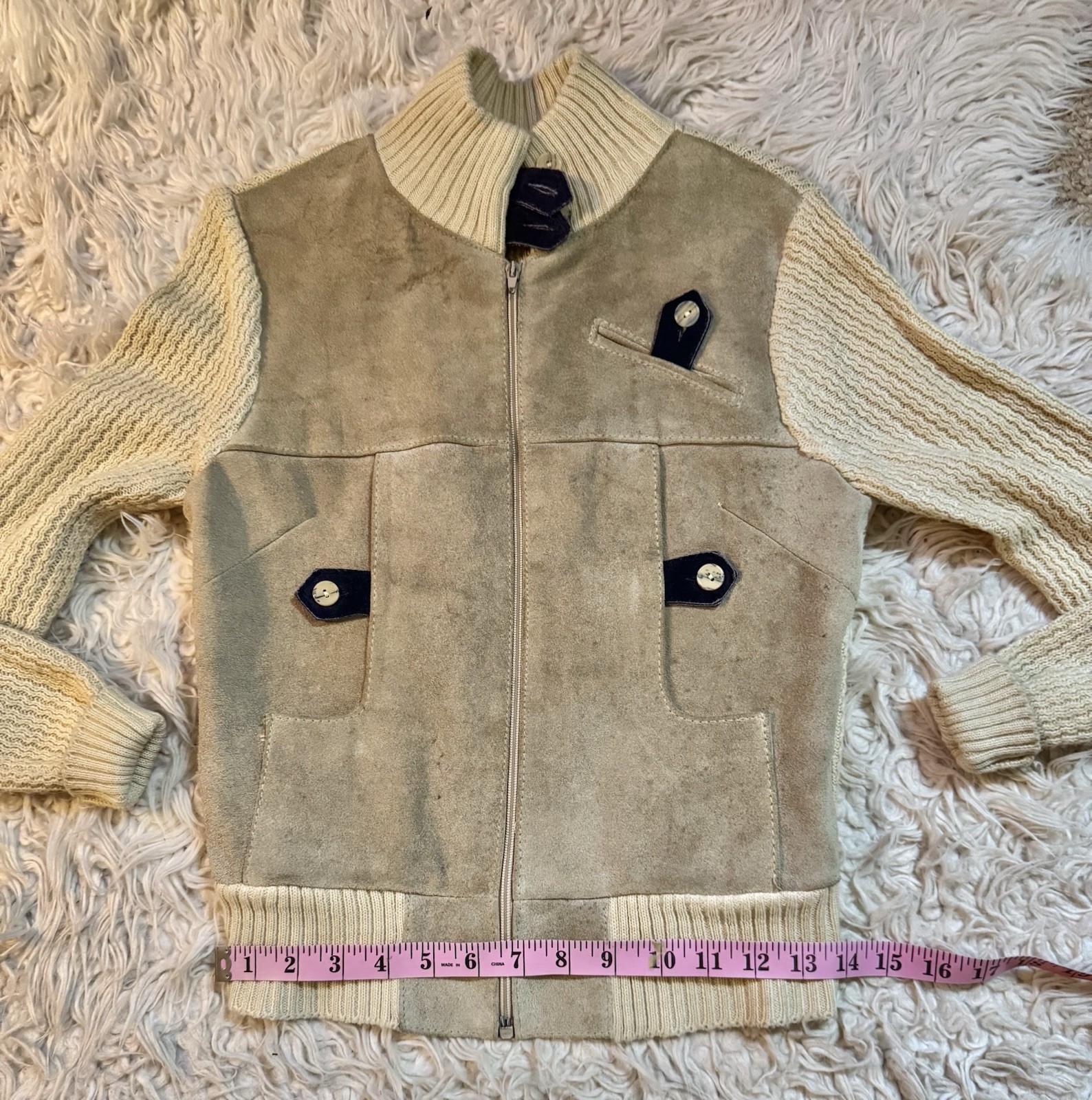 Vtg Suede Leather Acrylic Sweater Jacket Arpeja Taiwan Organically Grown Beige S