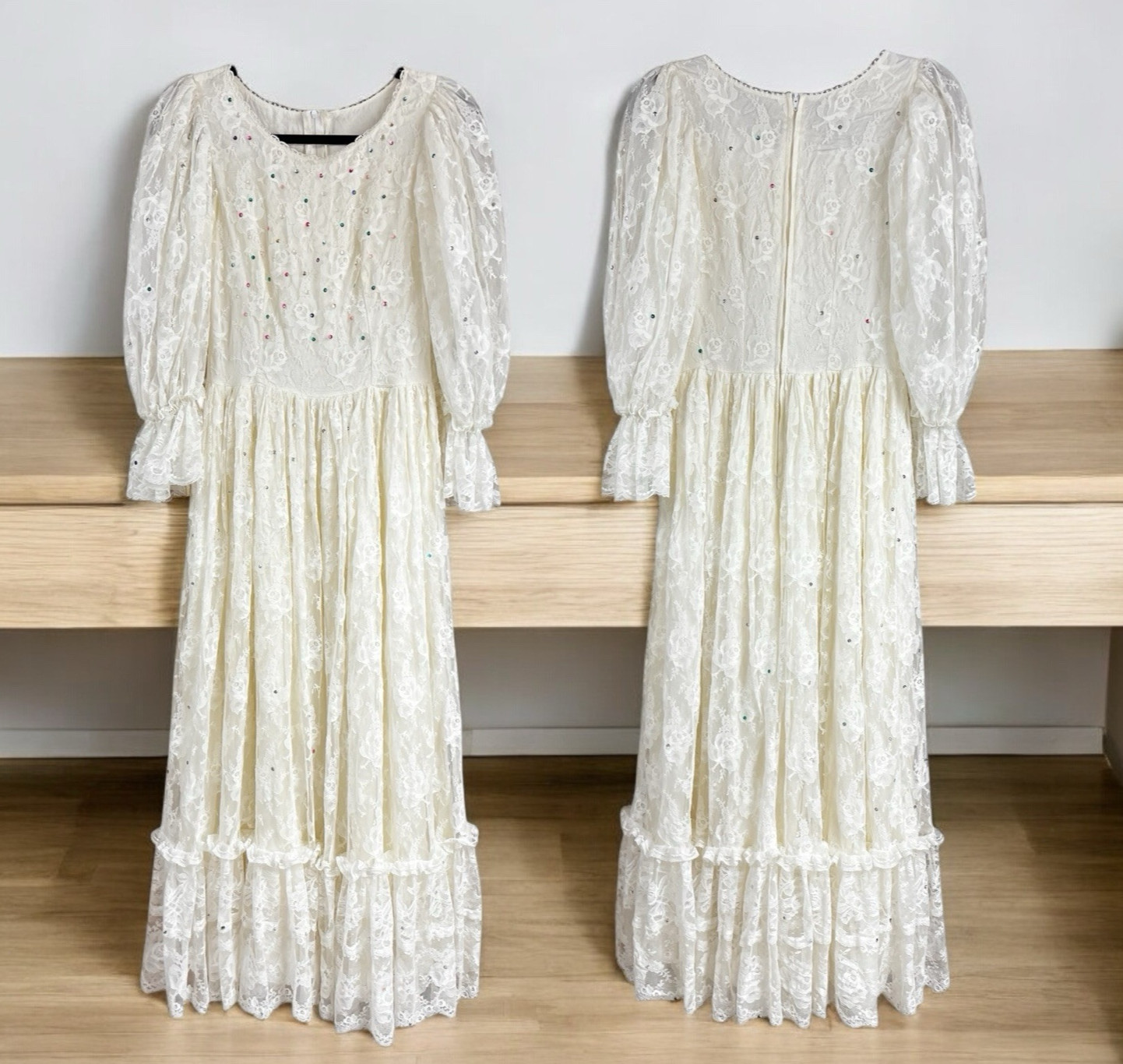 Vtg Susan Lanes Country Elegance Ivory Lace Event Dress 10 Sequin Accents 70’s