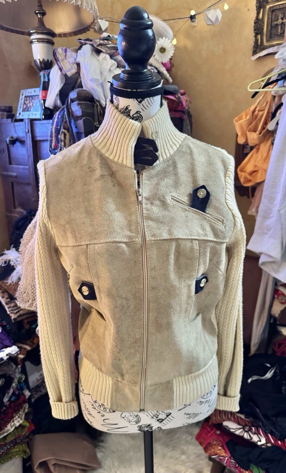 Vtg Suede Leather Acrylic Sweater Jacket Arpeja Taiwan Organically Grown Beige S