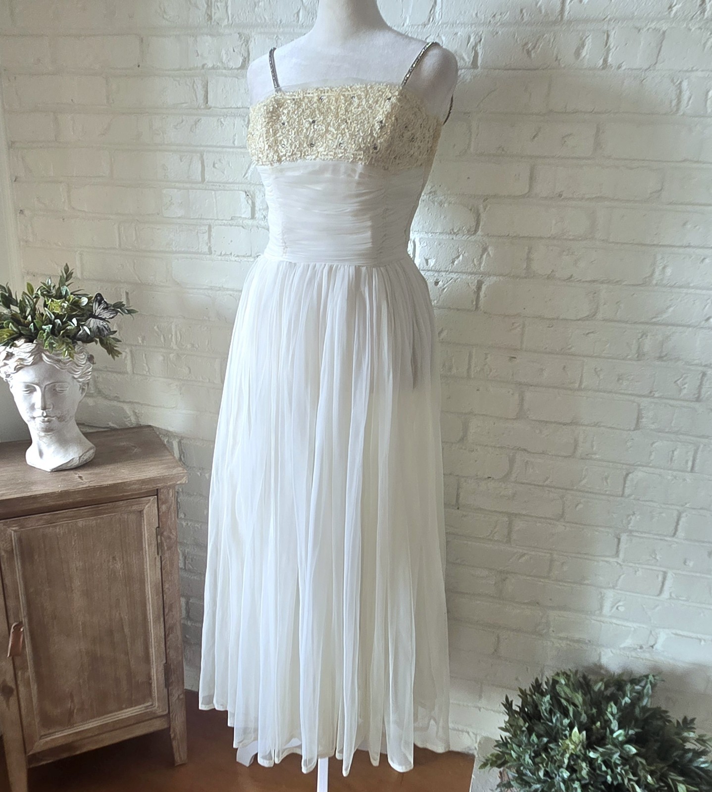 Vtg 1950s 60s Rhinestone Ruched Party Dress, Wedding, Bridal