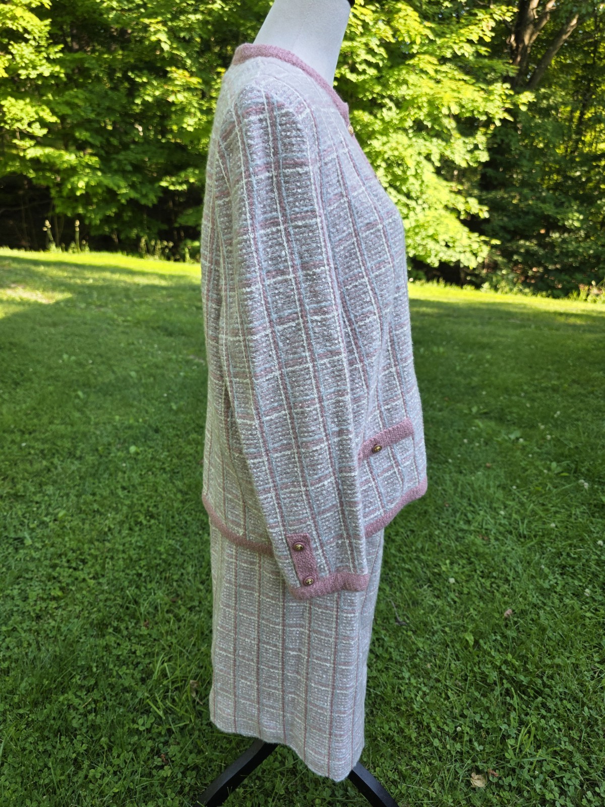 Vtg Castleberry Knits Skirt Suit Set Boucle Tweed Pink Cream Plaid Plus Mohair