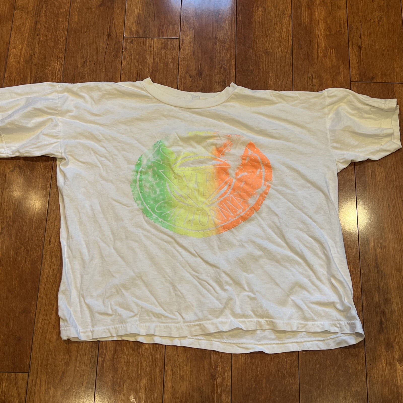 Vintage Beverly Hills California neon Green/yellow/Pink Crop Top T-shirt. Single
