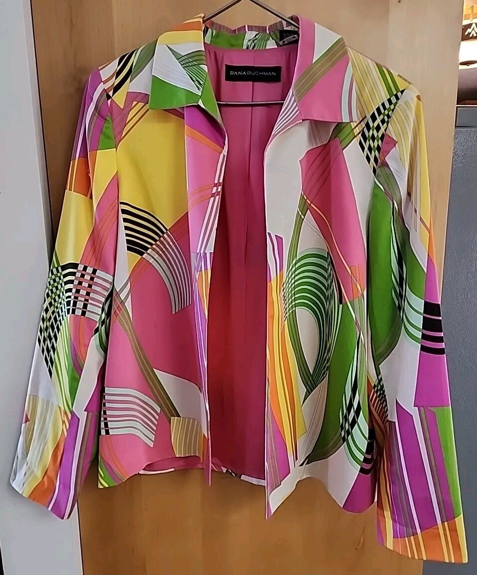 VTG Dana Buchman Blazer Sz10 Women’s Multi Color Coat Jacket Pink Lined Retro