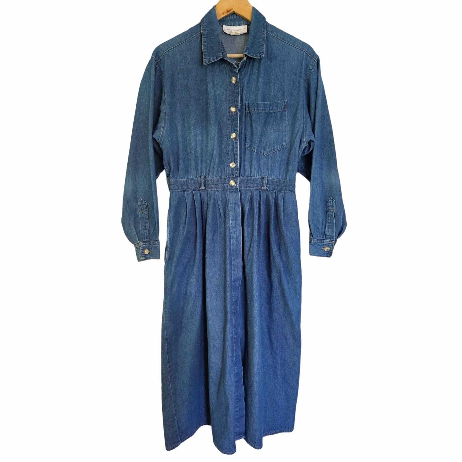 Vintage Nancy G Long Sleeve Denim Cinched Waist Midi Shirtdress 11 Medium