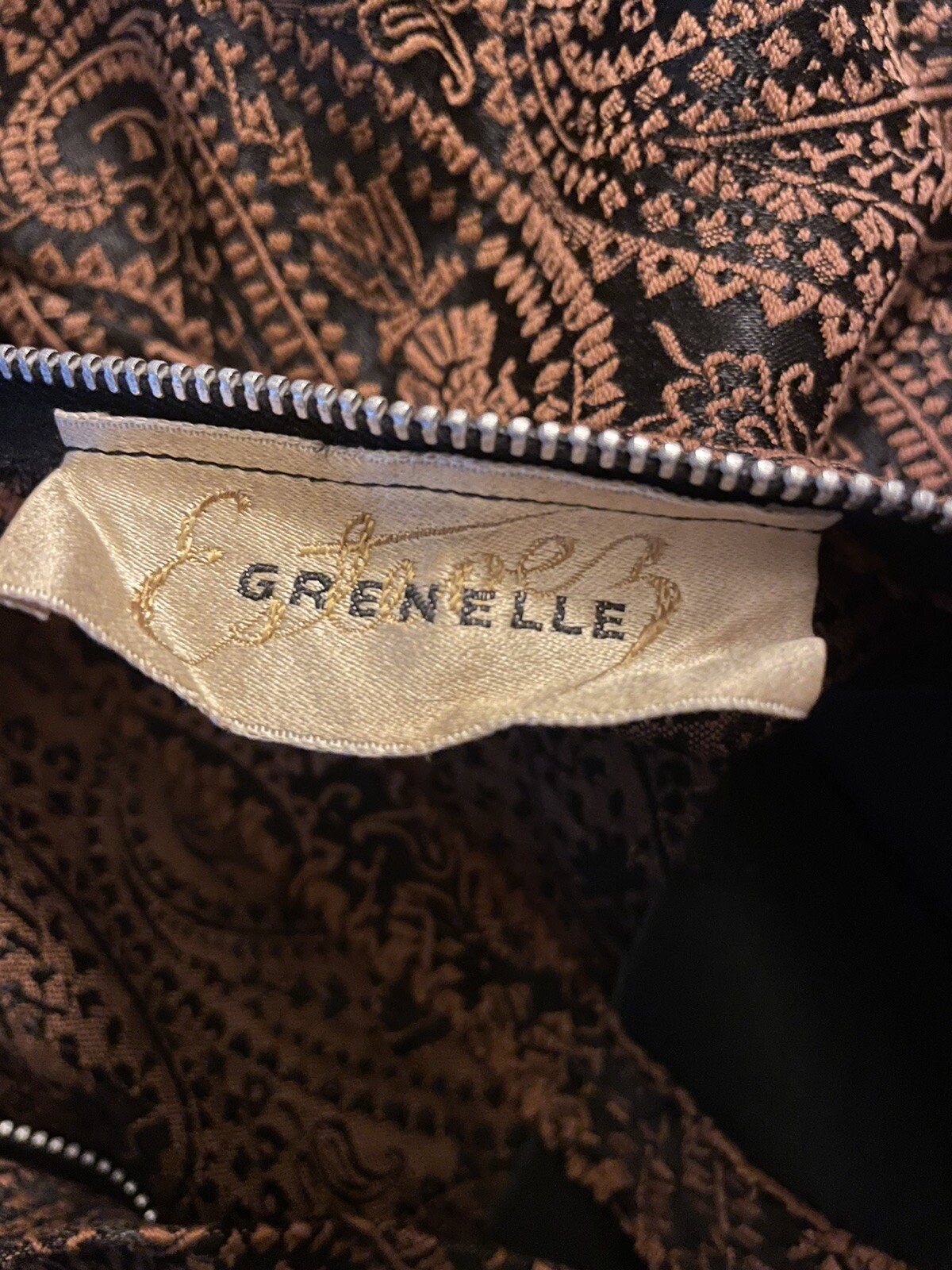 Vtg. Estevez Grenelle Brocade Brown Paisley Dress W/Black Velvet collar Sz S EUC