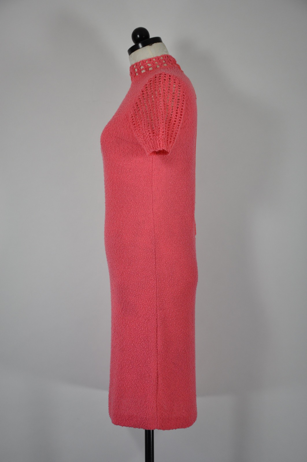 60s Vintage Salmon Pink Cotton Boucle Knit Short Sleeve Sweater Dress Women XS S