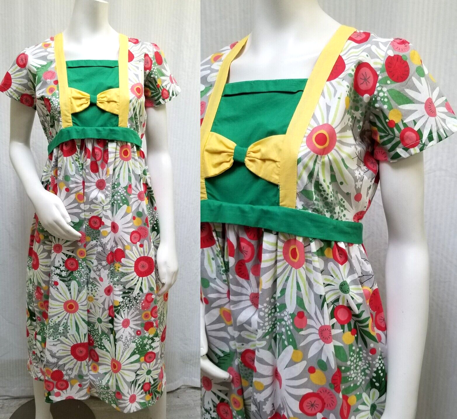 Vintage Gray Red Green Yellow Floral Print Milkmaid Dress – Size M – EUC