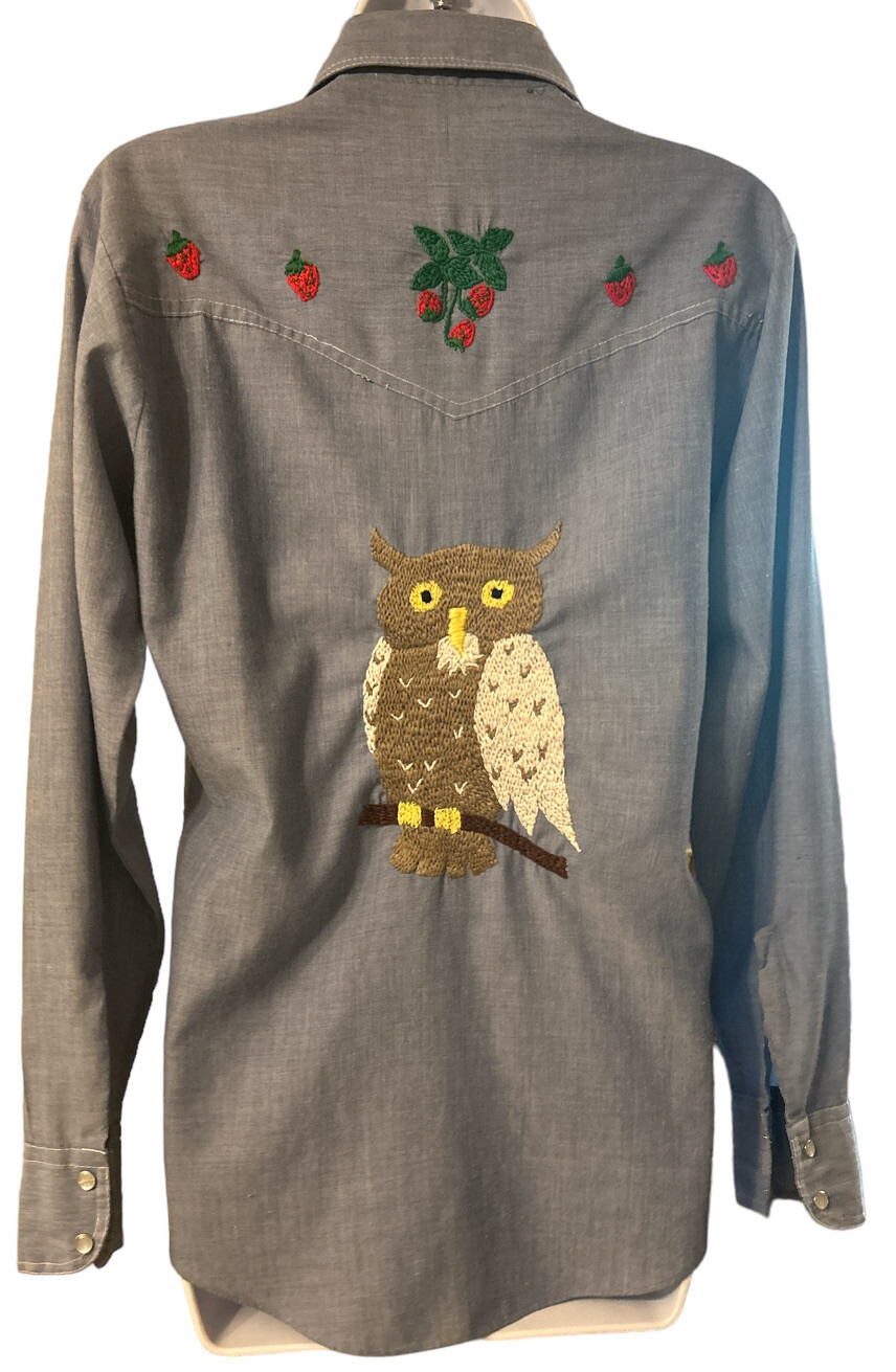 Vtg Anthony’s Shirt Women’s Sz S Embroidered Owl Western Pearl Snap See Tag Pic