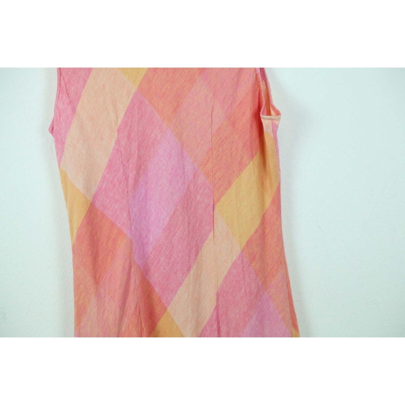 Vintage 90s Linen Maxi Dress Pastel Pink Plaid Country Club Preppy Bias 16 FLAW