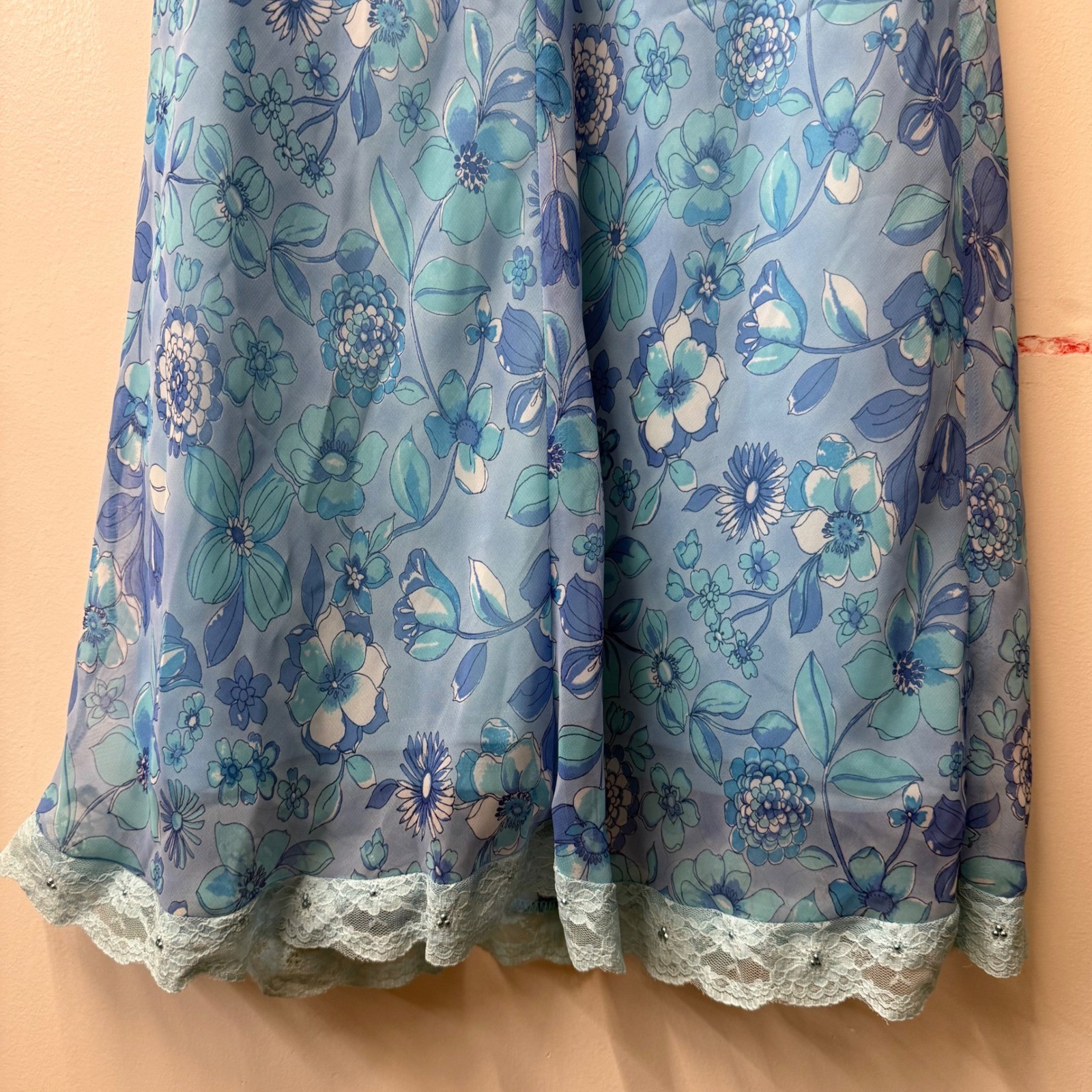 Studio Y Vintage Blue Floral Lace Trim V-Neck Midi Dress Made in USA Size 5/6