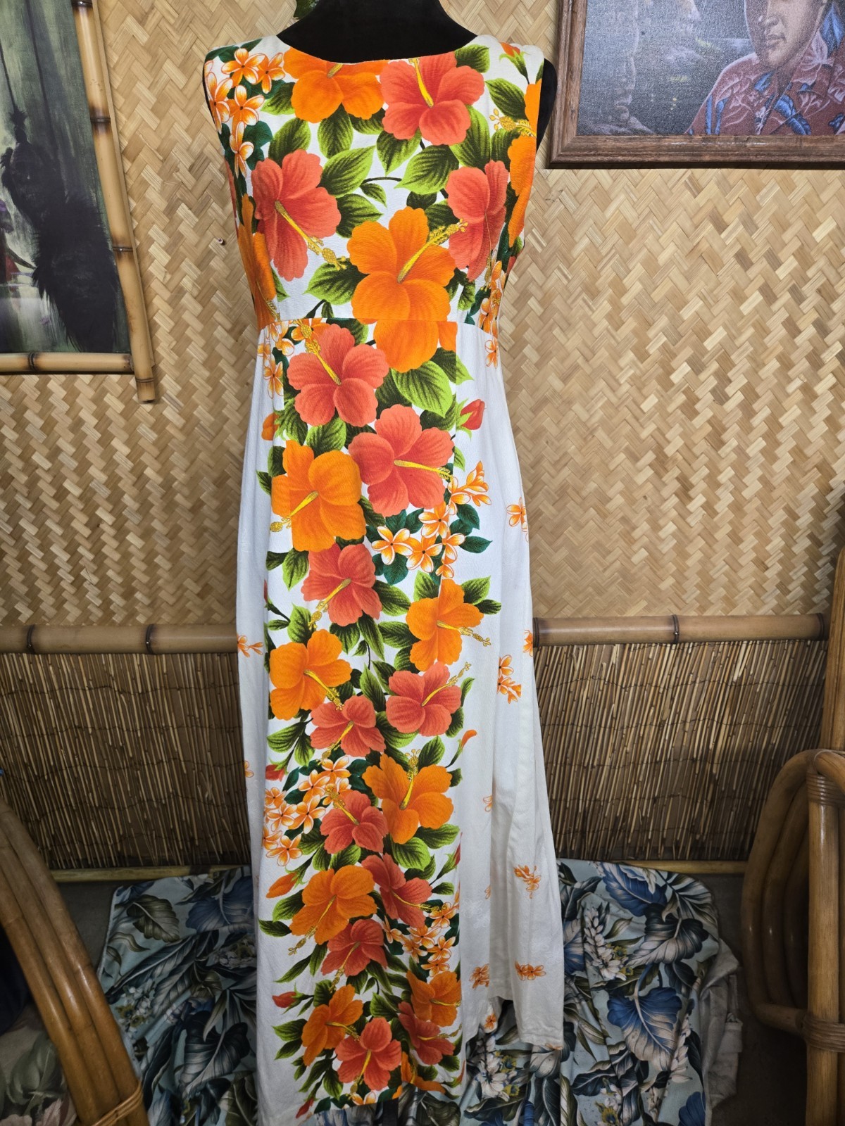Vintage Ui-maikai Hawaiian Barkcloth Aloha Maxi Dress w1111