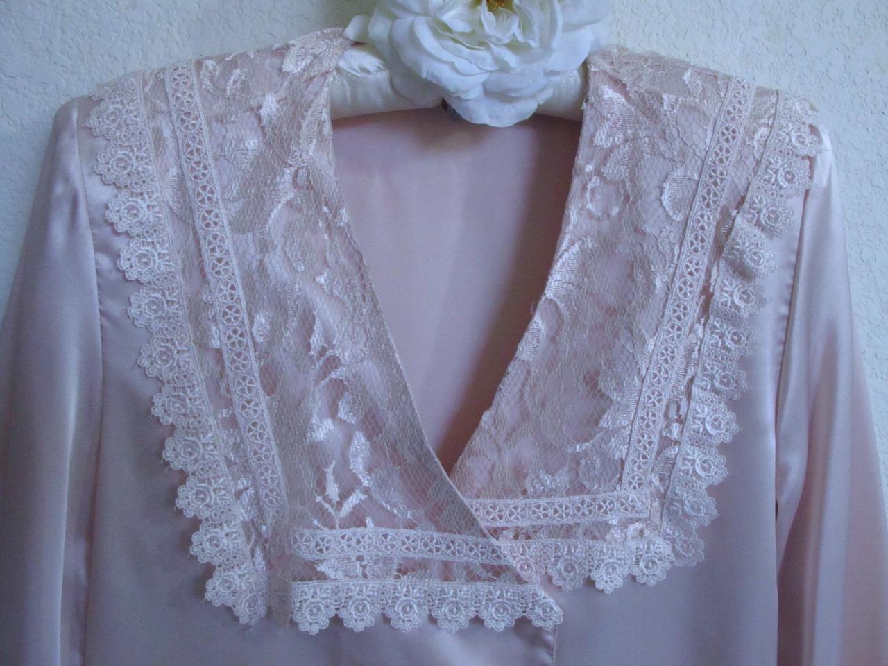 Vintage San Andre Silky Blouse 10 Pink Lace Victorian Collar Slick Shiny Satin