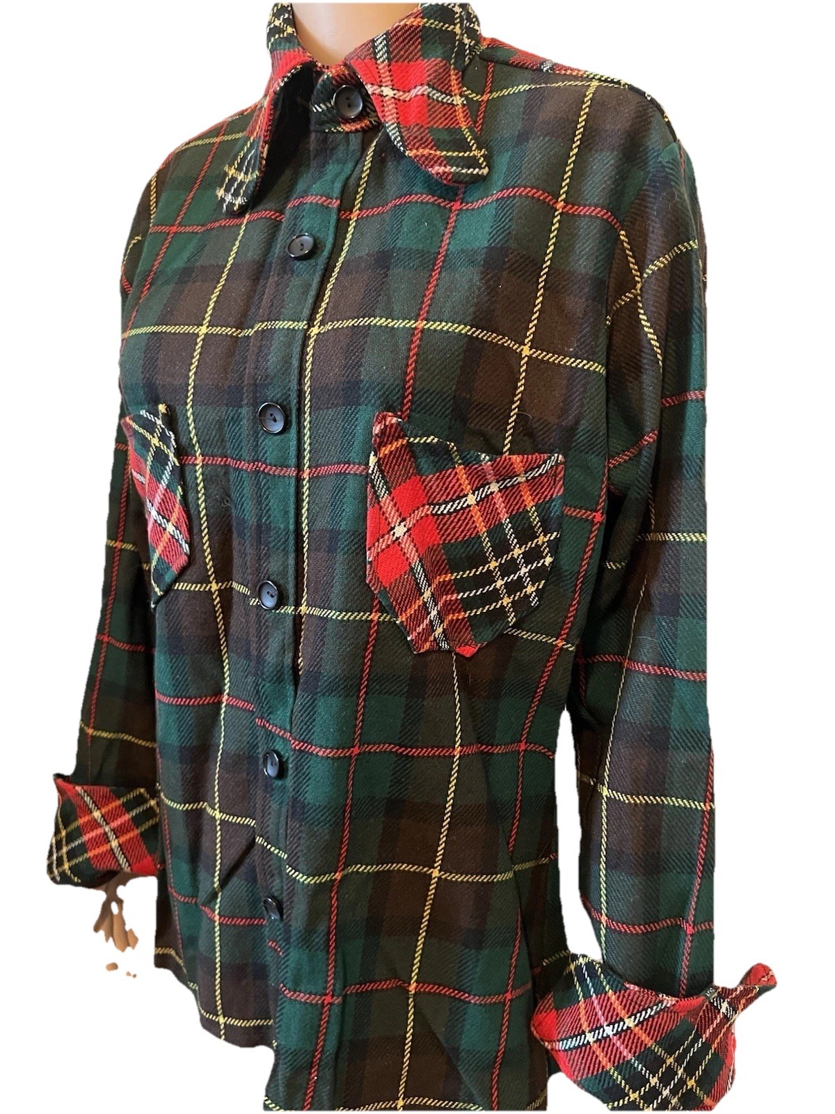 Vintage 1970s Green/Red Tartan Plaid Wool Blouse Women’s L Wide Collar Pockets