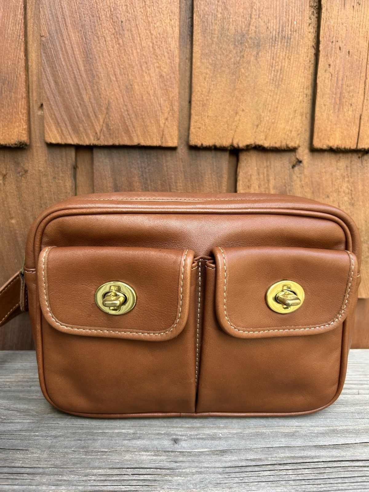 Rare Vintage Coach Twin Double Turnlock Pocket Waist Pack British Tan XS/S