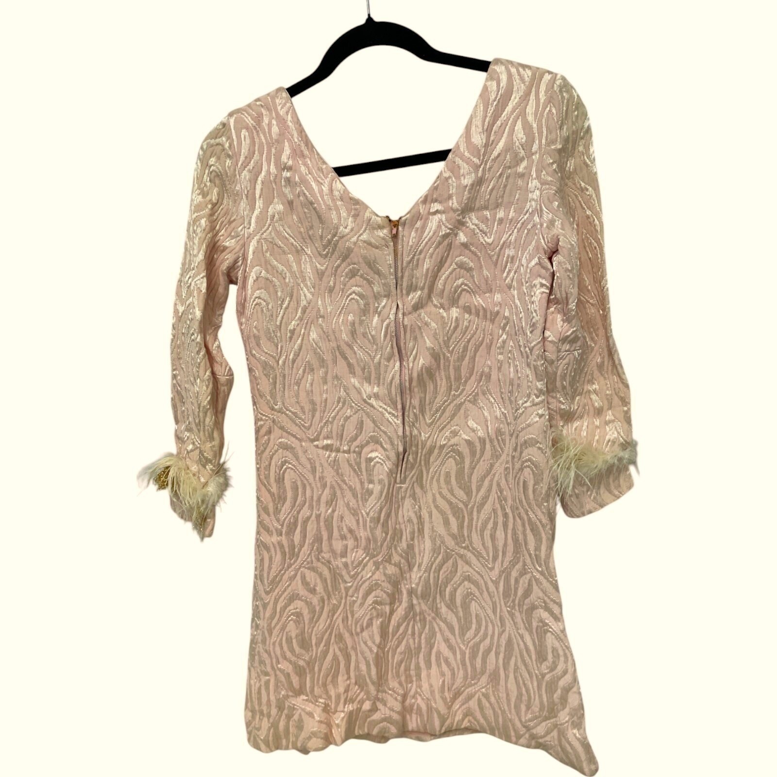 Vtg 60s Feather Cuff Brocade MOD Mini Cocktail Dress Buttons Small MCM Madmen