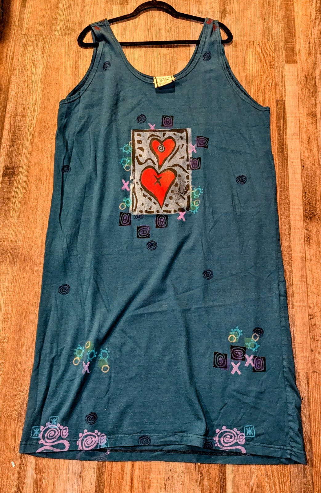 Vintage 90s UTOPIA Hand Block Printed Cotton Tank Dress L/XL Boho Art To Wear