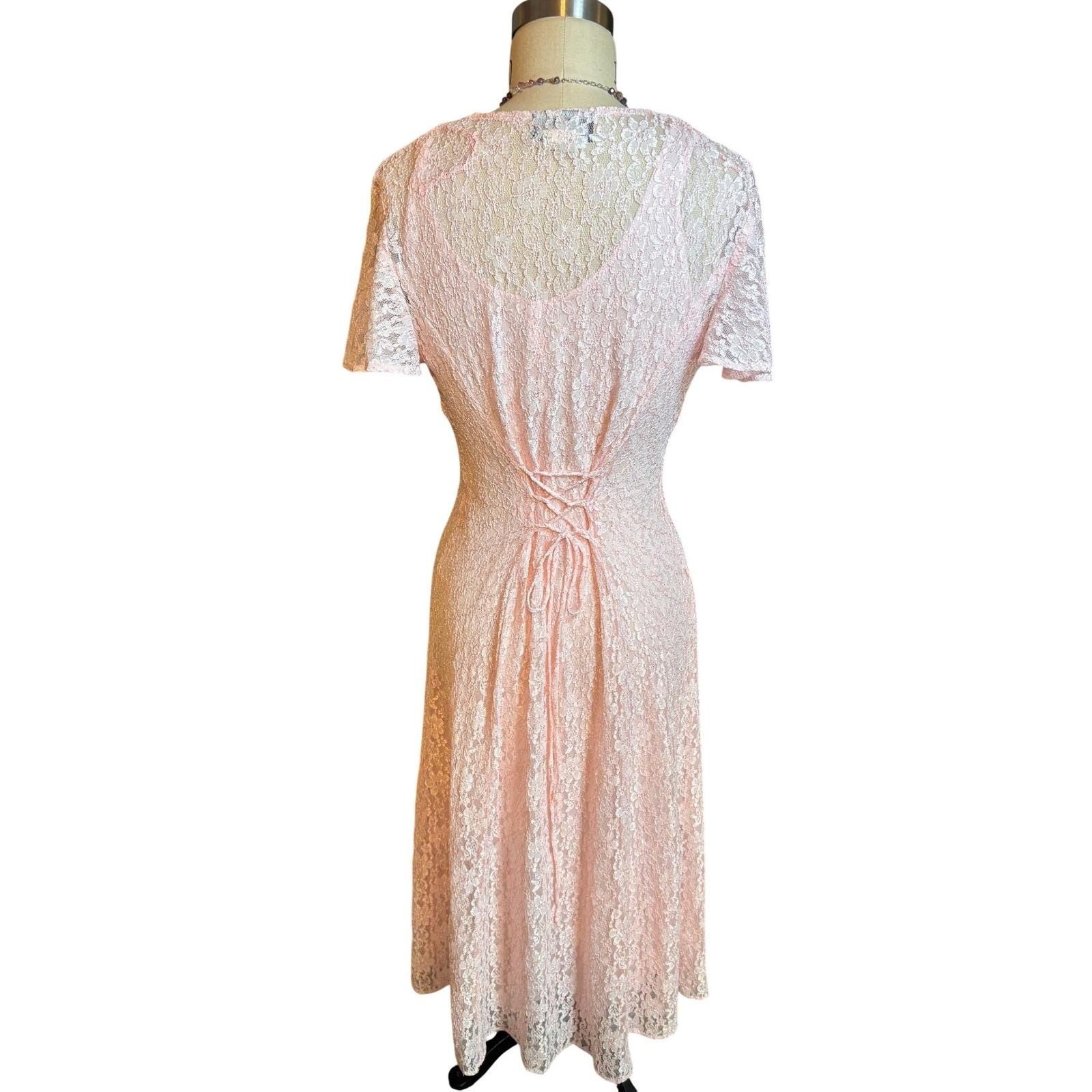 90s Dawn Joy Fashions Lace Midi Romantic Dress Womens 6 Pink Vintage Corset Back