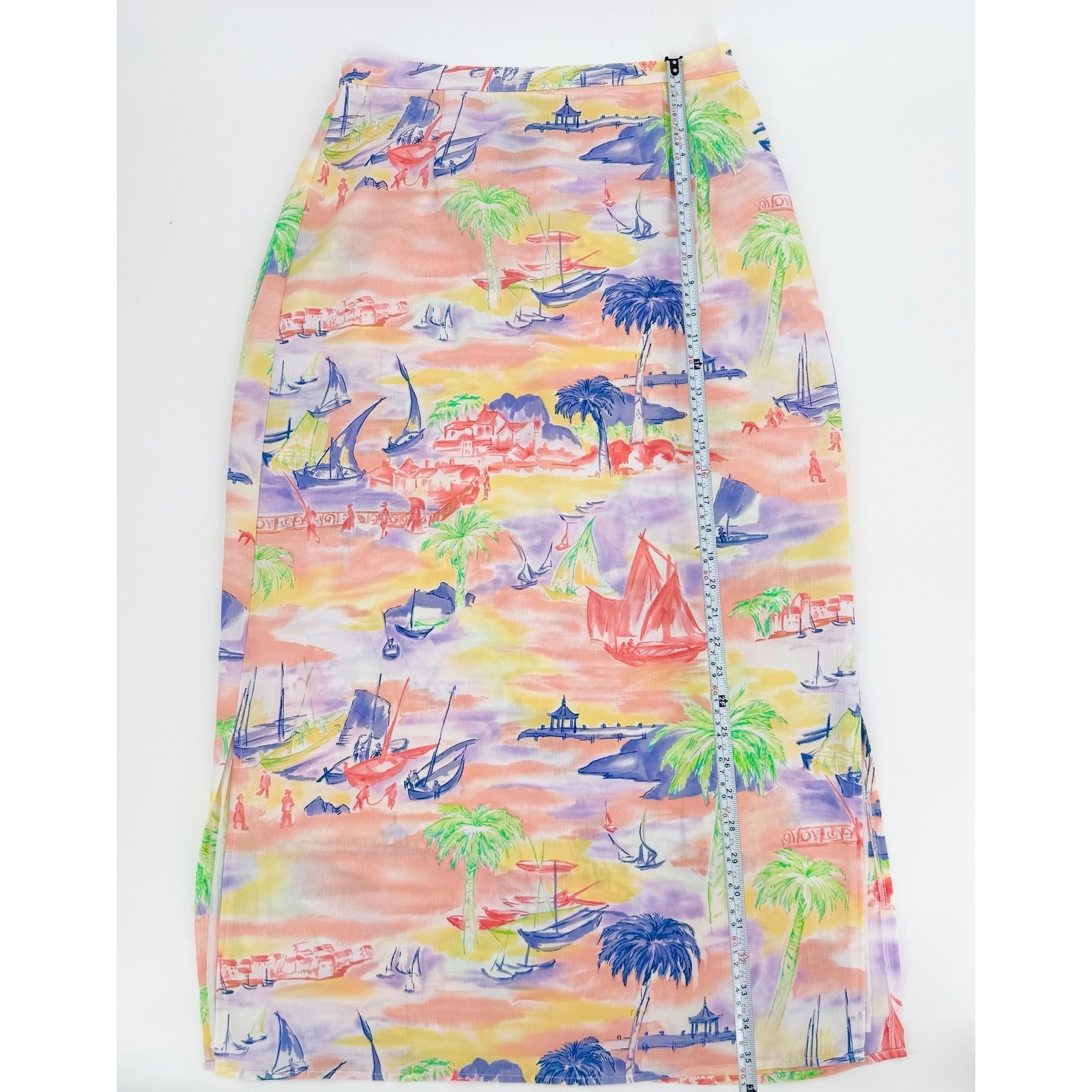 Vintage Bushwacker Scenic Harbor Sailboat Palm Tree Midi Skirt Women’s 12 Lined