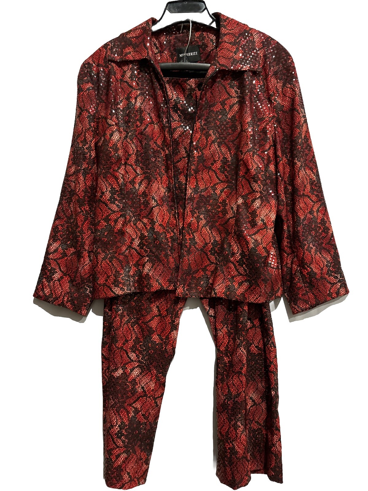 1980s Vintage Mesmerize Two Piece Pant (16) Suit (XL) Orange Black Scales Floral