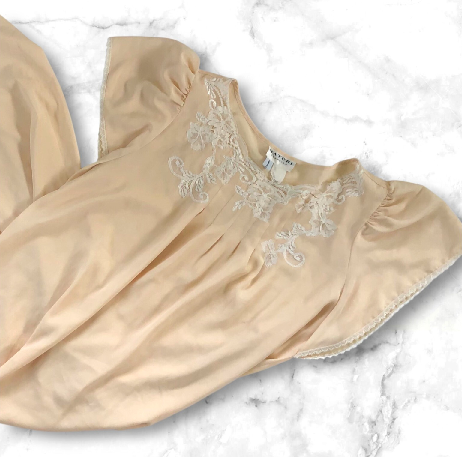 Vtg 80s Natori Long Golden Yellow Nightgown Large Flutter Sleeves Pleats Lace