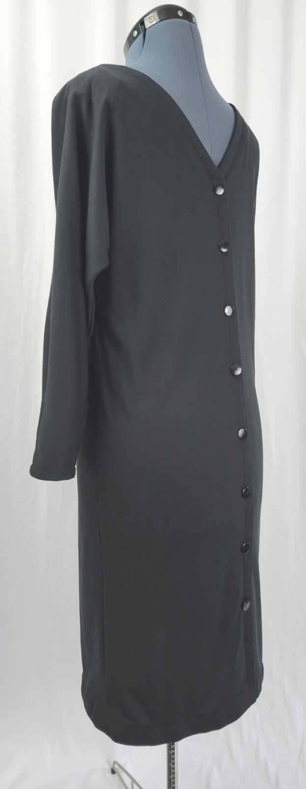 Vtg New Raves Black Knit Back Button Down Shift Dress w Batwing Sleeves Size S?