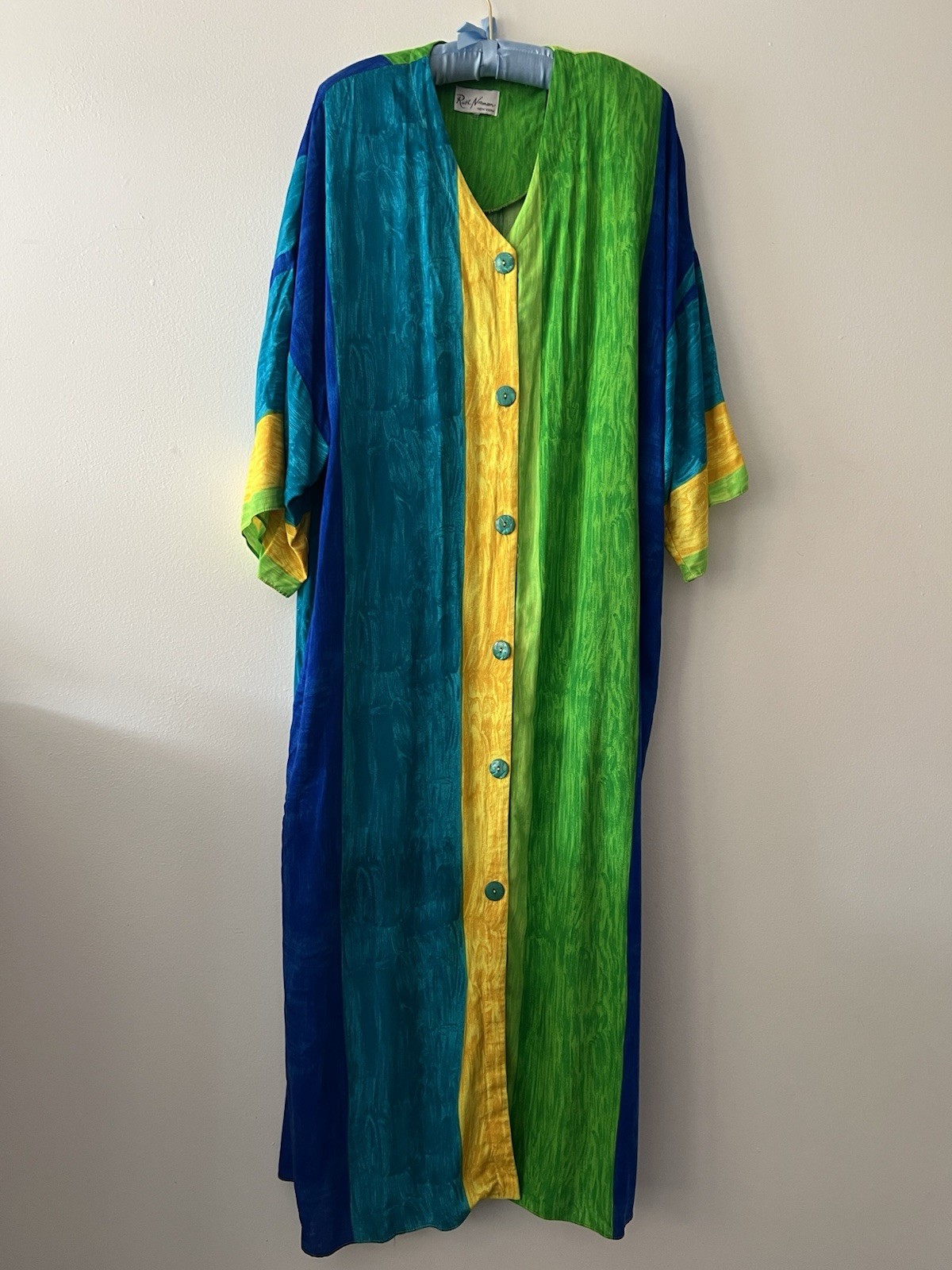 Vintage Ruth Norman New York Green Yellow V Neck Button Down Dress XXL